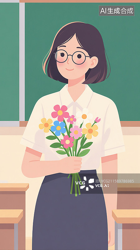 【AI数字艺术】教室里手持鲜花的年轻女教师图片素材