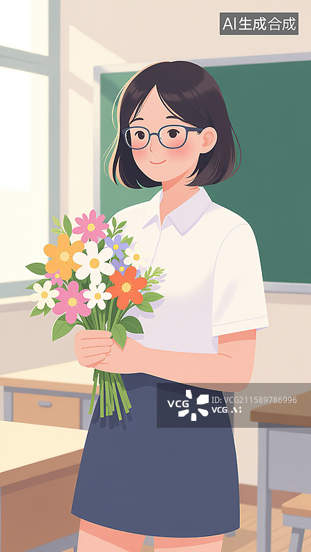 【AI数字艺术】教室里手持鲜花的年轻女教师图片素材
