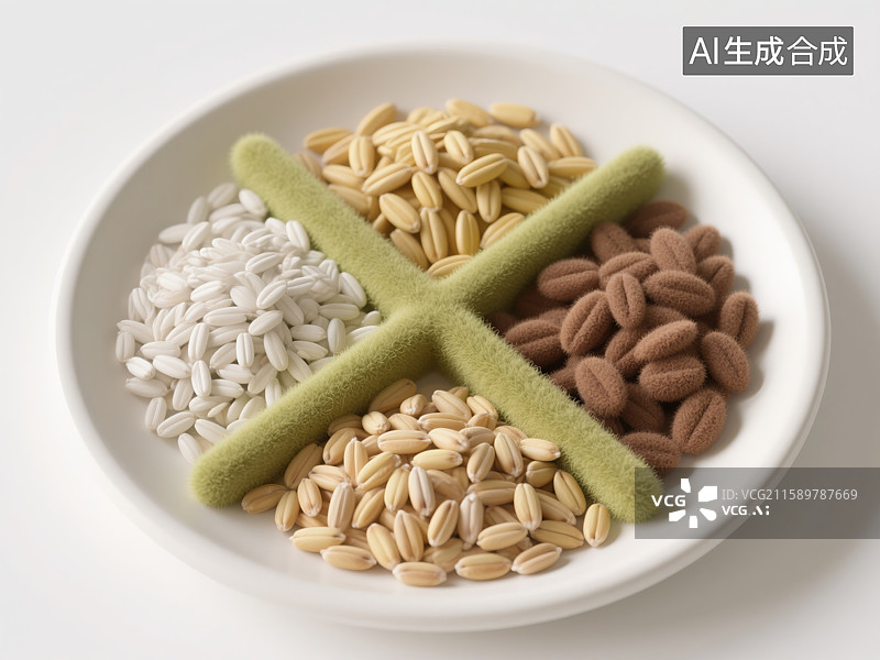 【AI数字艺术】创新3D毛毡插画分隔盘中的多样稻谷创意商业白色背景金融科技年度报告经济独特设计元素图片素材