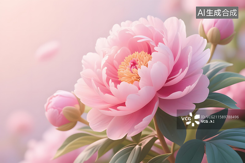 【AI数字艺术】盛开的粉色牡丹花唯美3D插画图片素材