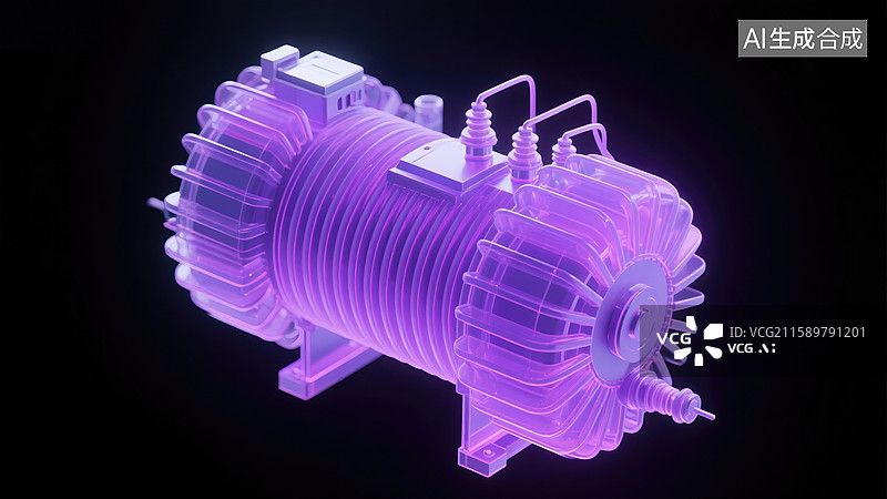 【AI数字艺术】创新3D插画紫色渐变和菲涅尔效果的电力变压器抽象商业背景发光结构线条和详细设备科技海报杂志封面图片素材