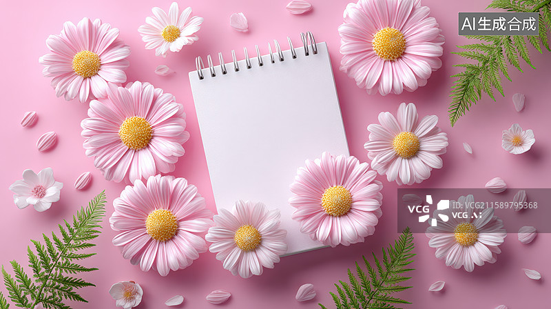 【AI数字艺术】粉红色花朵和空白笔记本图片素材