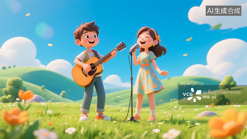 【AI数字艺术】草原上男生弹琴女生唱歌插画图片素材