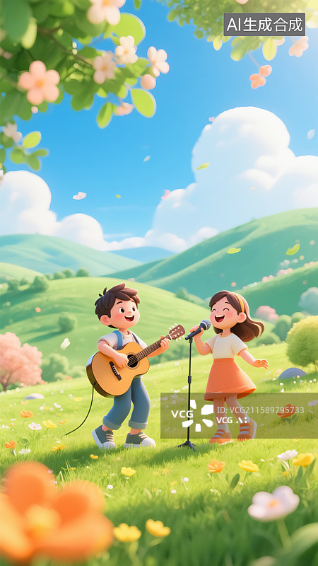 【AI数字艺术】草原上男生弹琴女生唱歌插画图片素材