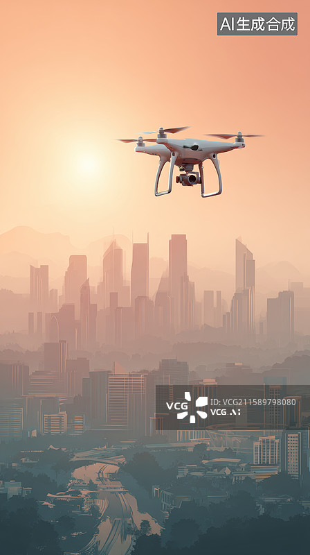 【AI数字艺术】无人机翱翔城市上空图片素材