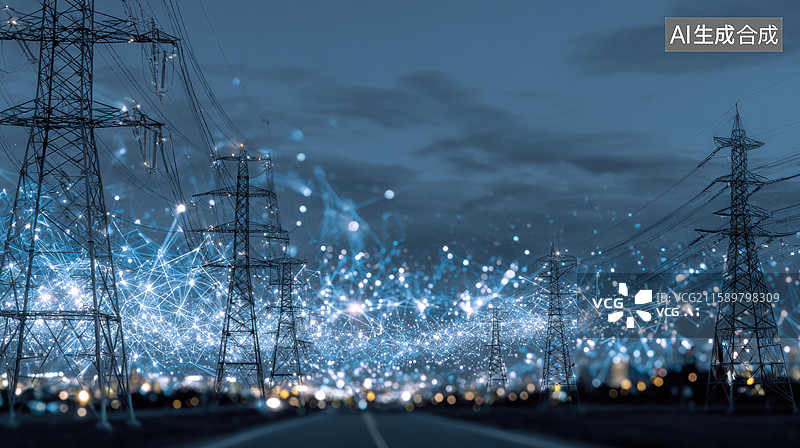 【AI数字艺术】夜晚电力塔与星光交织的景象图片素材