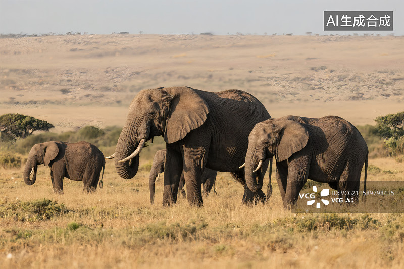 【AI数字艺术】非洲大草原为背景，象群在活动图片素材