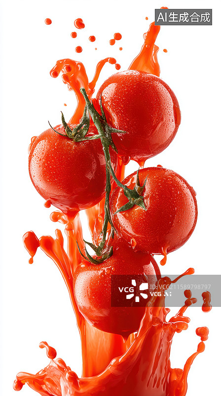【AI数字艺术】新鲜番茄与汁液飞溅的瞬间图片素材