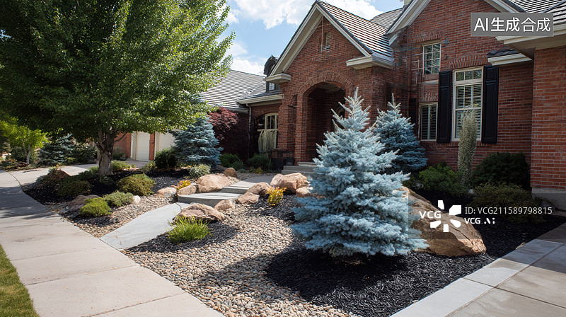 【AI数字艺术】砖砌房屋前的精致花园景观图片素材