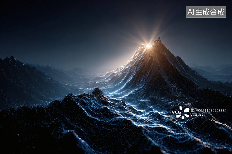 【AI数字艺术】蓝色粒子组成的高山，山后一颗耀眼的星芒图片素材
