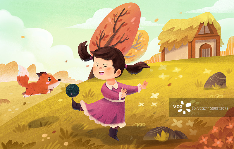 手绘肌理秋天女孩与狐狸一起玩球治愈系横图插画图片素材