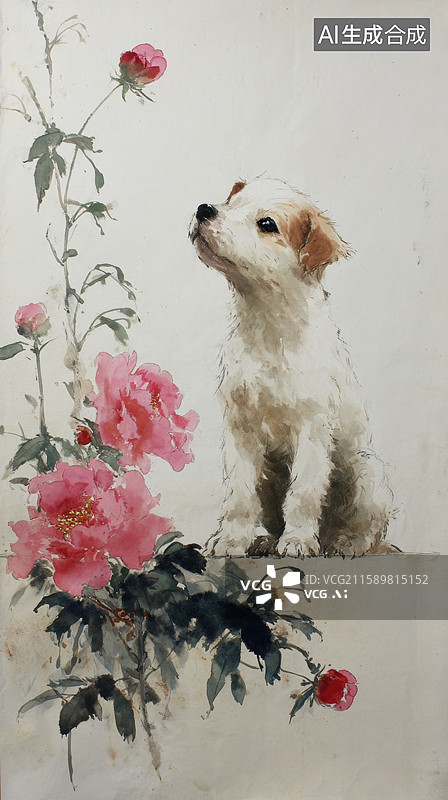 【AI数字艺术】小狗嗅闻牡丹花的温馨画面图片素材