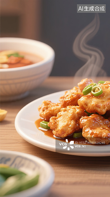 【AI数字艺术】中餐美食锅包肉溜肉段糖醋里脊家常菜小炒肉年夜饭团圆饭热气腾腾3D三维立体卡通风格创意插图厨房广告背景图片素材