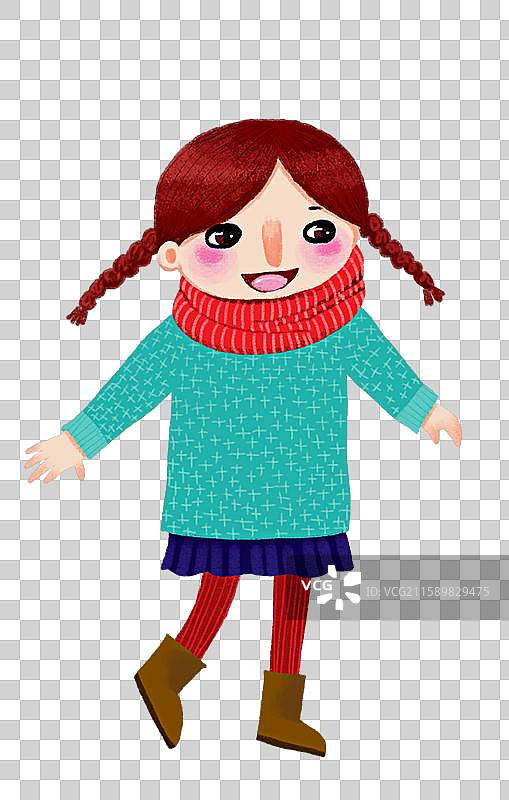 PNG元素插画 围着红色围巾的小女孩图片素材