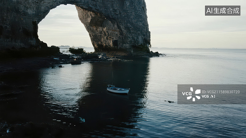 【AI数字艺术】海边岩洞下的小船图片素材