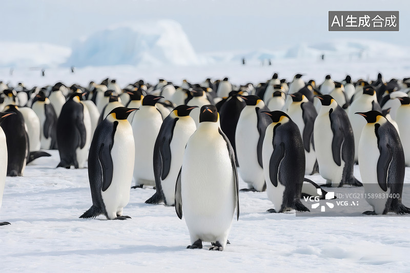【AI数字艺术】冰天雪地上，一群帝企鹅依偎在一起抵御严寒图片素材