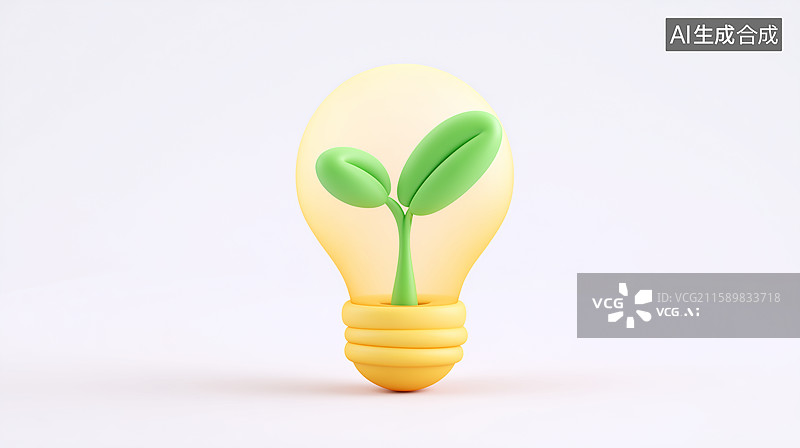 【AI数字艺术】3D创意灯泡内幼苗生长概念插画图片素材