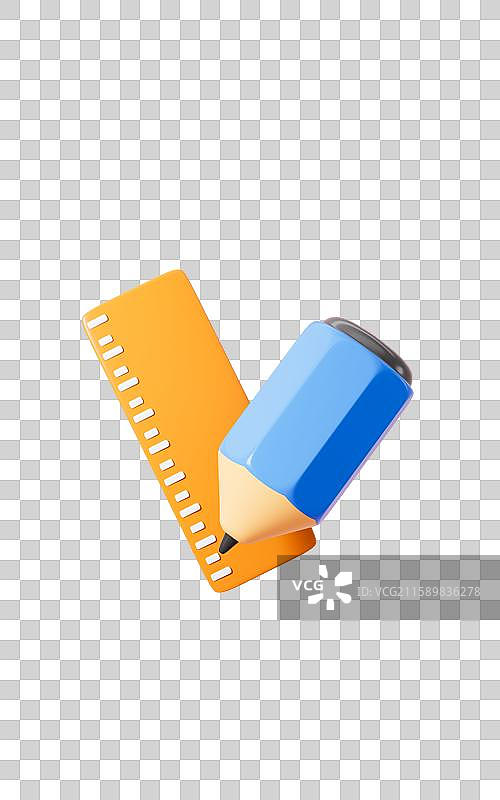 卡通直尺和铅笔3D渲染图片素材