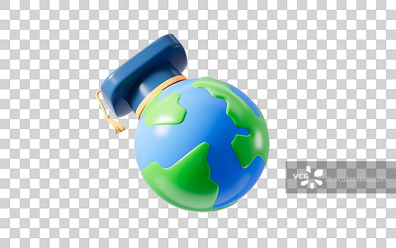 卡通地球和毕业帽留学概念3D渲染图片素材