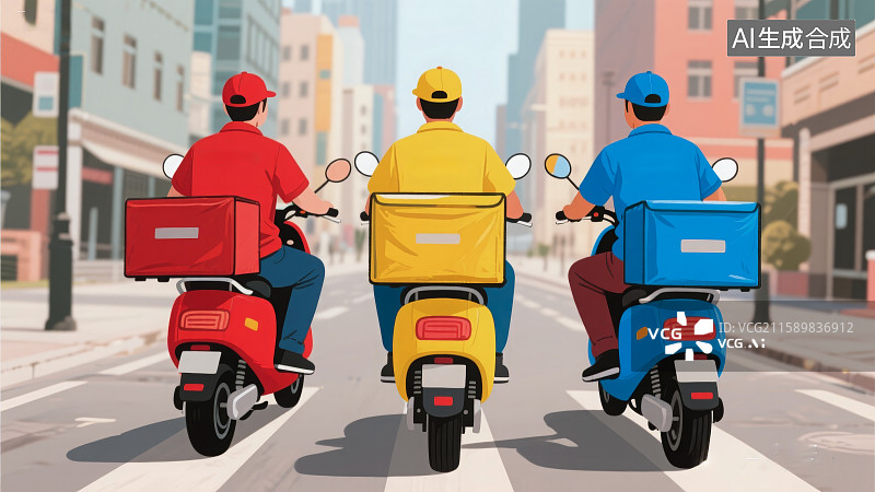 【AI数字艺术】城市街头，穿红黄蓝色工作服的三个外卖小哥快递员送餐图片素材
