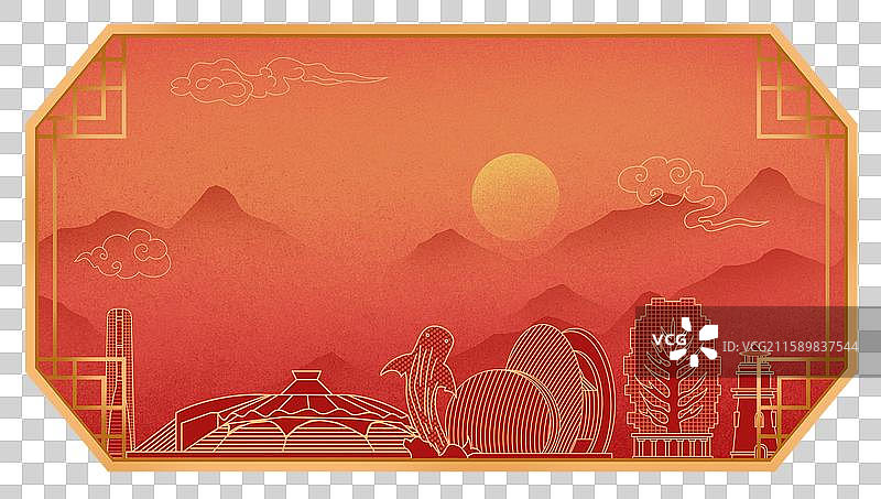 珠海红色中秋节中国风新年古典淡雅山峰窗花图片素材
