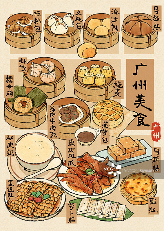 广州早茶美食插画图片素材
