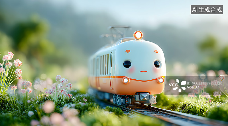 【AI数字艺术】一辆卡通小火车行驶在轨道上图片素材