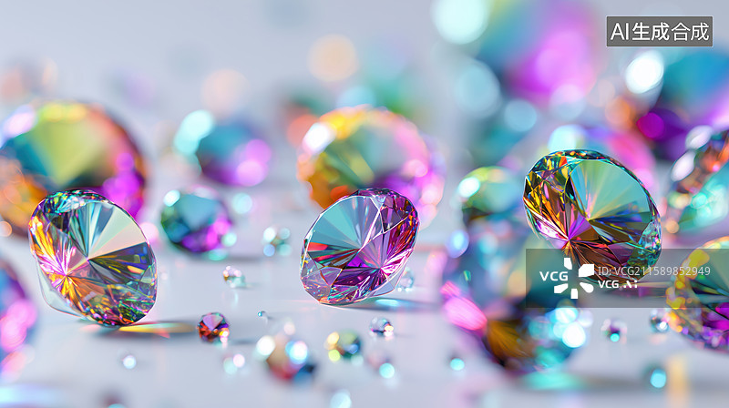 【AI数字艺术】桌面散落的反射彩色光线的钻石3D立体插画图片素材
