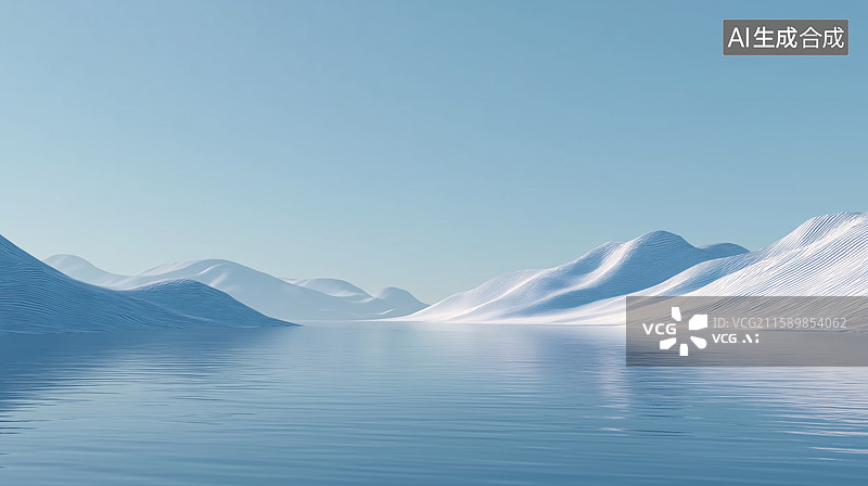 【AI数字艺术】宁静湖面与远山的晨曦倒影图片素材