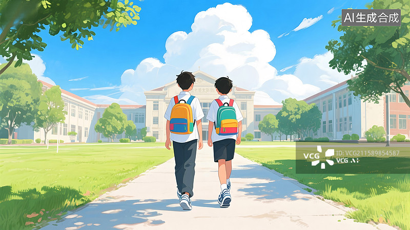 【AI数字艺术】开学季背着书包的两个学生走在校园的路上图片素材