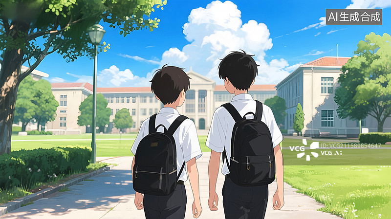 【AI数字艺术】开学季背着书包的两个学生走在校园的路上图片素材