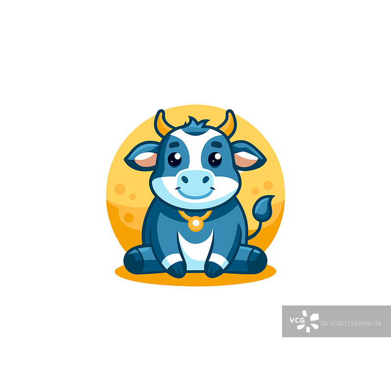 可爱的卡通牛坐着吃草图片素材