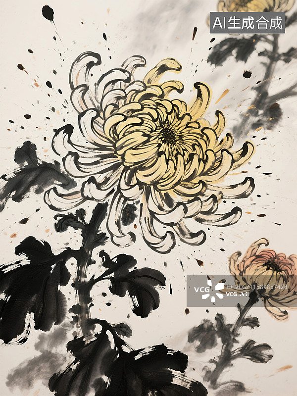 【AI数字艺术】水墨风菊花图片素材