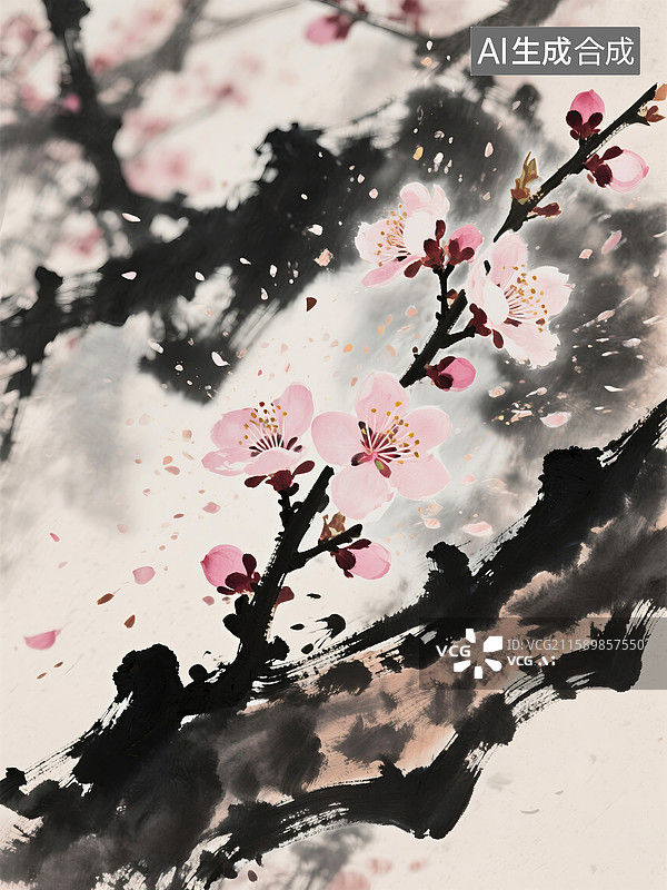 【AI数字艺术】水墨风桃花图片素材