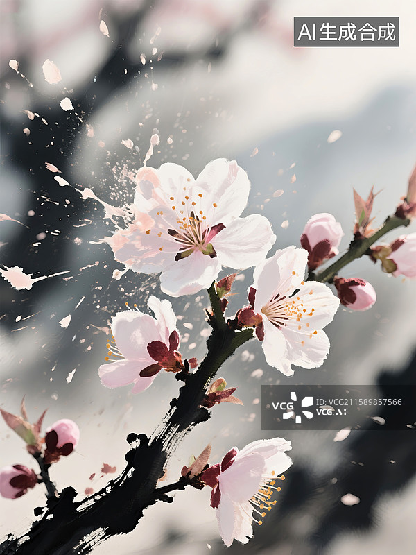 【AI数字艺术】水墨风桃花图片素材