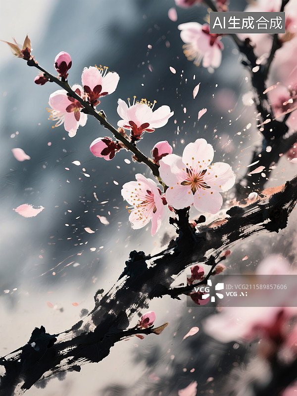 【AI数字艺术】水墨风桃花图片素材