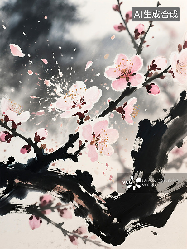 【AI数字艺术】水墨风桃花图片素材