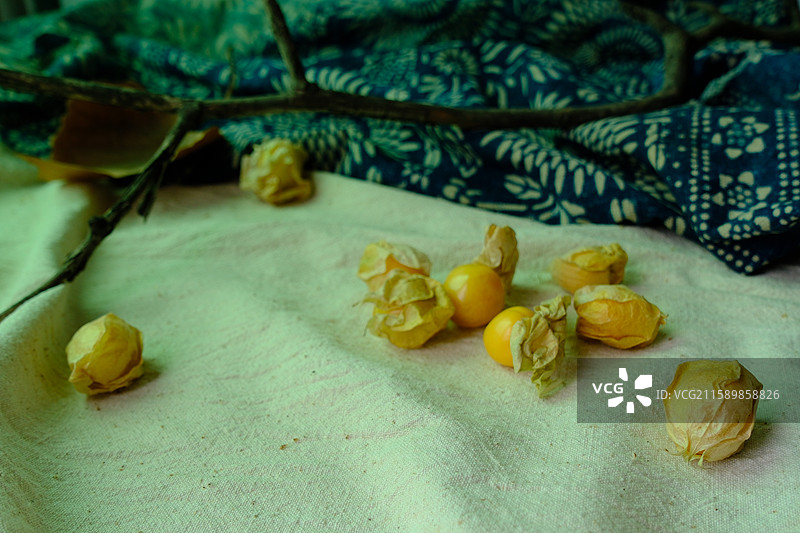 老煤油灯.蓝染布。树枝。老粗布和水果。菇娘果。白色背景。设计素材静物组合图片素材