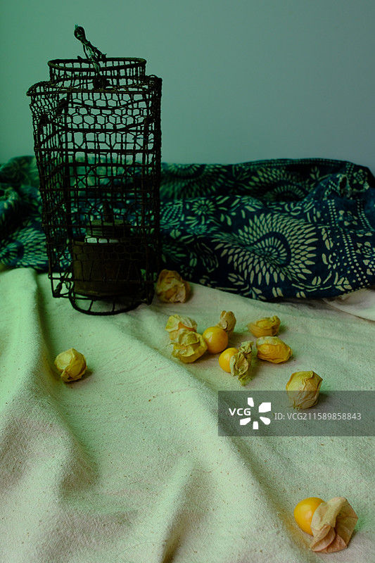 老煤油灯.蓝染布。树枝。老粗布和水果。菇娘果。白色背景。设计素材静物组合图片素材