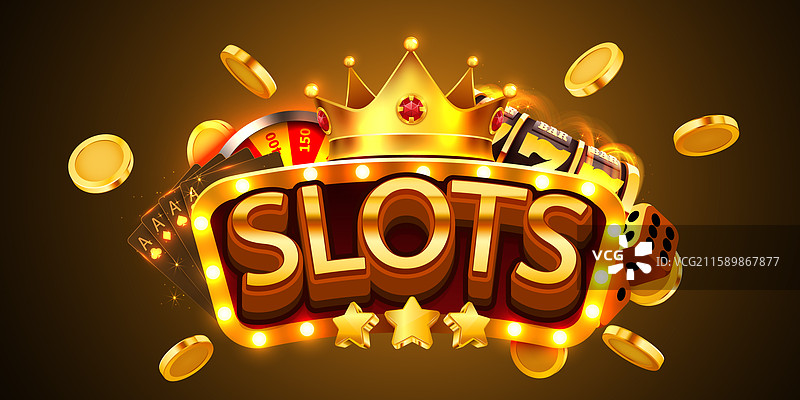 老虎机金色横幅标志，带有金色字母和图片素材
