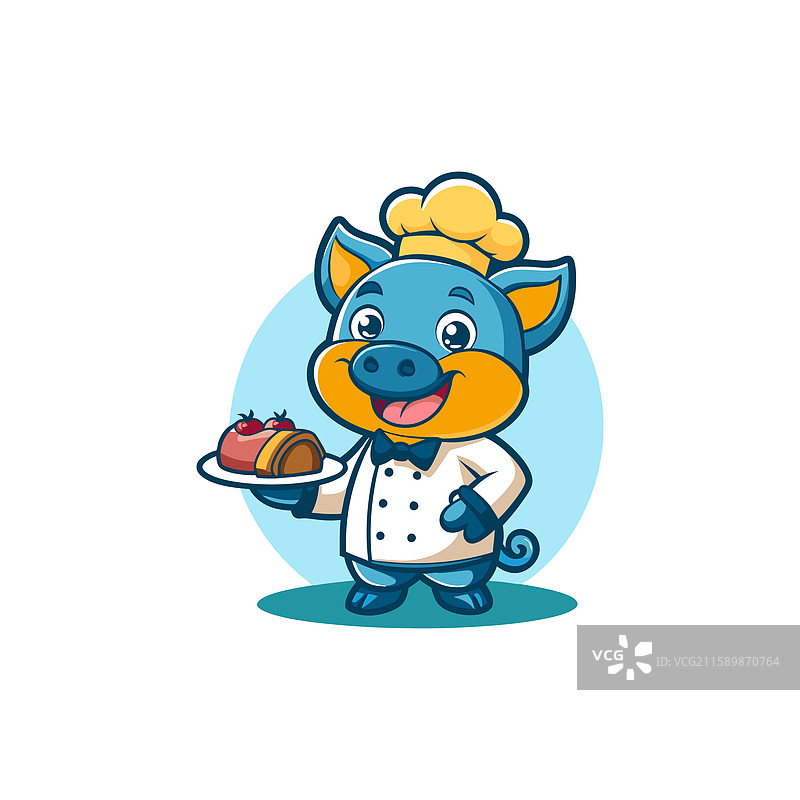 一只卡通狗坐在食物碗和水碗旁边图片素材