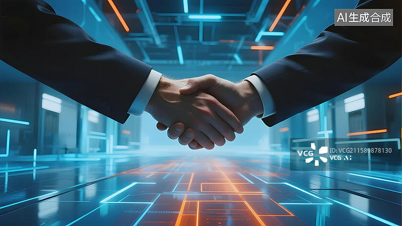 【AI数字艺术】科技背景下的商务握手图片素材