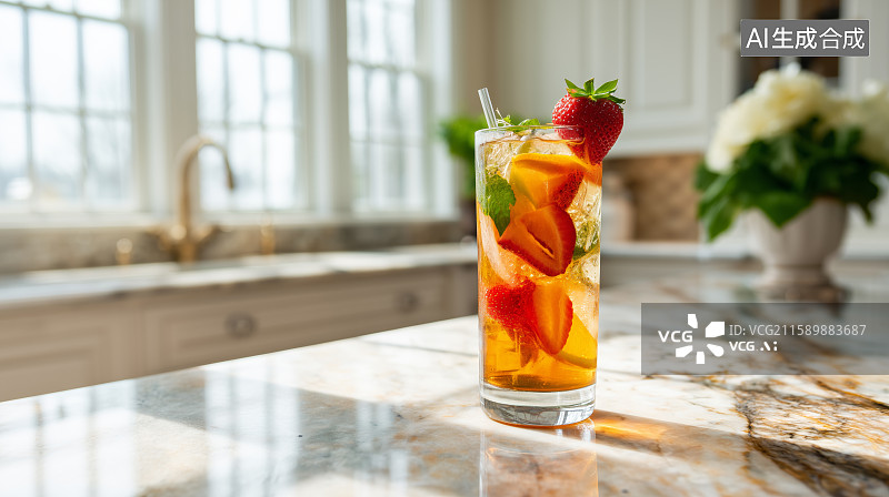 【AI数字艺术】厨房台面上的水果冰茶图片素材