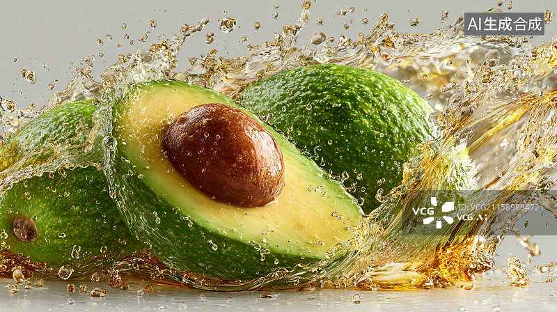 【AI数字艺术】新鲜牛油果切开瞬间，汁液四溅图片素材