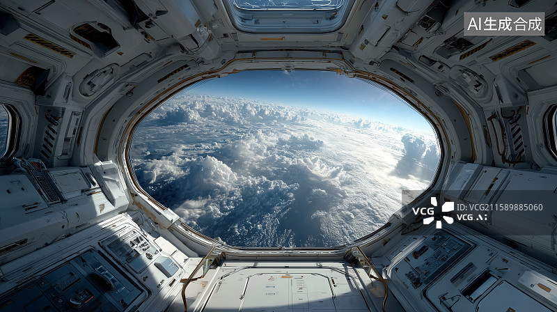 【AI数字艺术】太空站内部视角，俯瞰地球云层图片素材