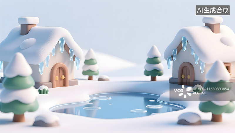 【AI数字艺术】冬日雪景小屋的三维场景图片素材
