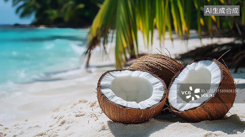 【AI数字艺术】海滩椰子的清凉一夏图片素材