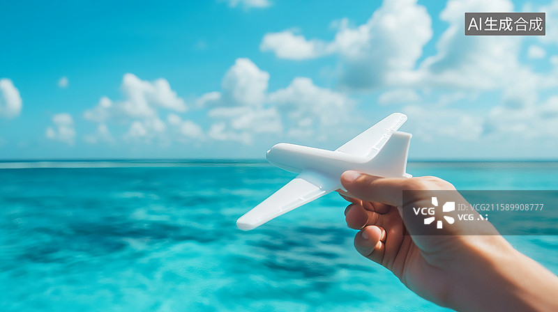 【AI数字艺术】手持飞机模型畅游蓝天图片素材