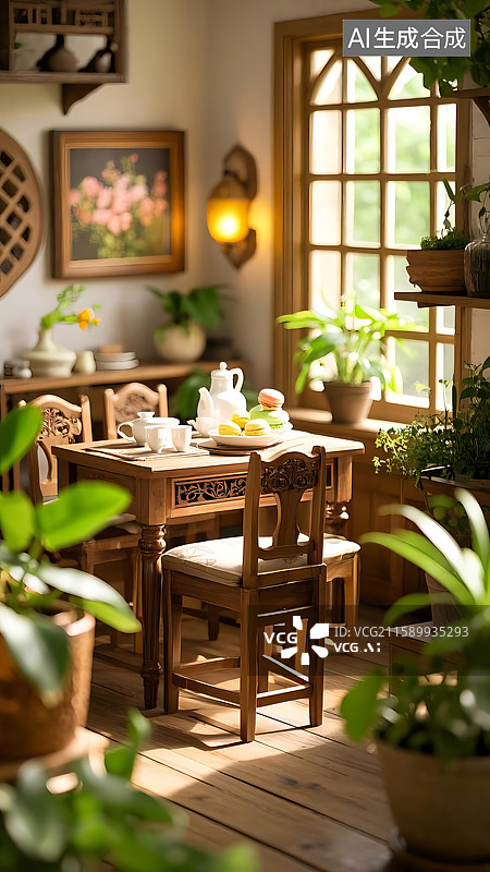 【AI数字艺术】温馨的乡村风格茶室，阳光洒满餐桌图片素材