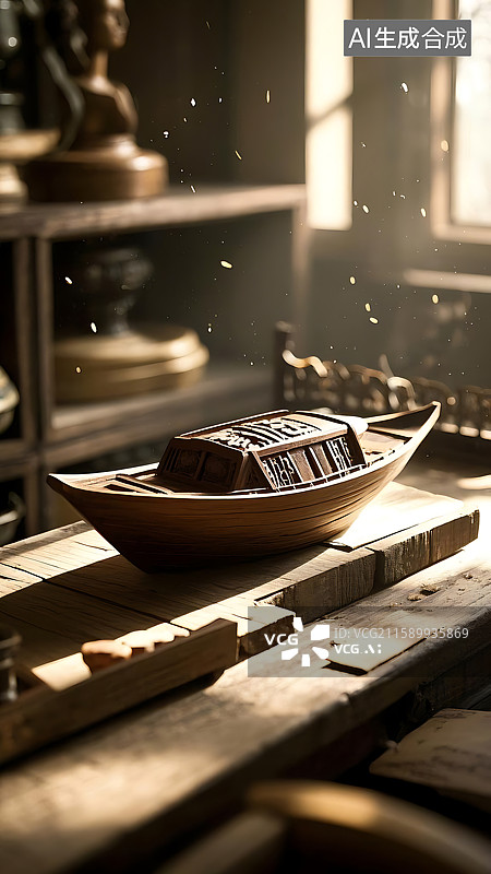 【AI数字艺术】木制船模在光线下，精致的细节与古朴的氛围图片素材